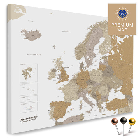 Europe map in the color multicolor beige in a modern, minimalist design as a canvas for pinning trips and places