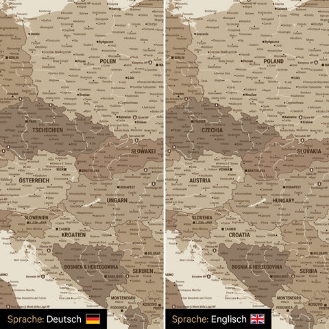 Europe map design in multicolor brown optionally in German or English language
