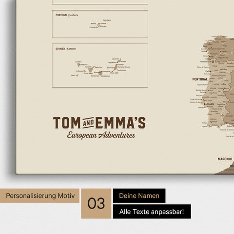 Europe map for pinning in multicolor brown with personalization in vintage style