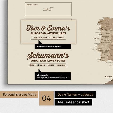 Europe map as canvas in multicolor brown with personalization as logo with family name and legend for places already visited and still want to visit
