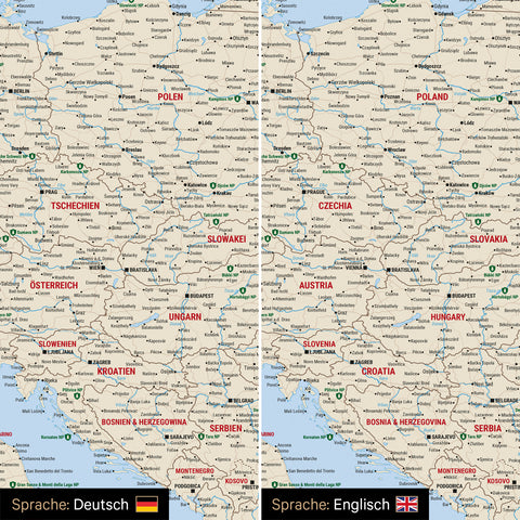 Europe map design in multicolor classic optionally in German or English language