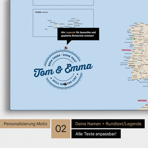 Europe map Push Pin Map in Multicolor Classic with personalization as a round logo, which includes a legend for already visited travel destinations in circular text