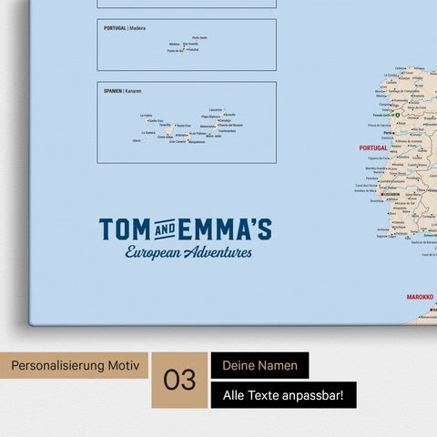 Europe map for pinning in Multicolor Classic with personalization in vintage style