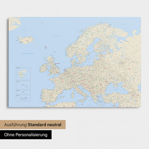 Neutral standard Version of the detailed Europe map as a pinboard canvas in multicolor classic without personalization