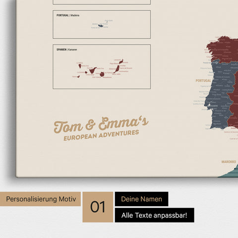 Map of Europe as a pinboard canvas in multicolor vivid with personalization and name in a modern script font