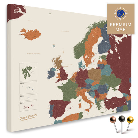 Europe map in the color Multicolor Vivid in a modern, minimalist design as a canvas for pinning trips and places