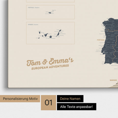 Map of Europe as a pinboard canvas in Navy Light with personalization and name in a modern script font