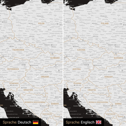 Europe map design in black and white optionally in German or English language