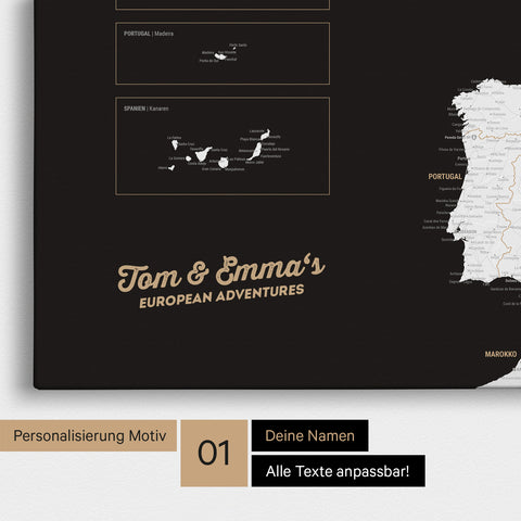 Map of Europe as a pinboard canvas in black and white with personalization and names in a modern script font