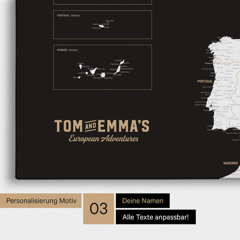 Europe map for pinning in black and white with personalization in vintage style