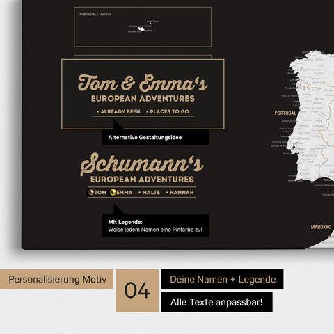 Europe map as canvas in black and white with personalization as logo with family name and legend for places already visited and still want to visit