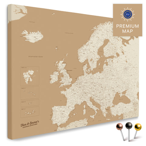 Europe map in the color Treasure Gold in a modern, minimalist design as a canvas for pinning trips and places