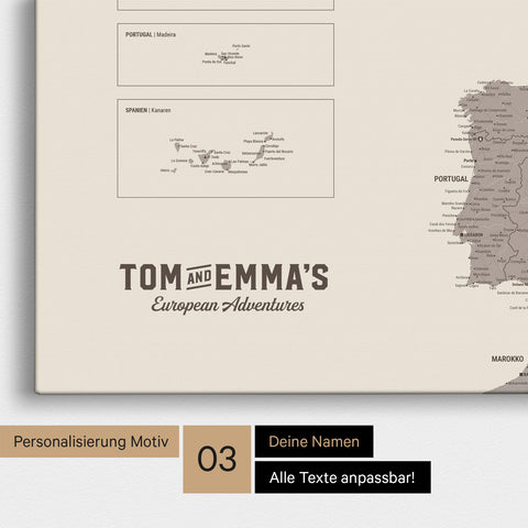 Europe map for pinning in Warmgray (brown-gray) with personalization in vintage style