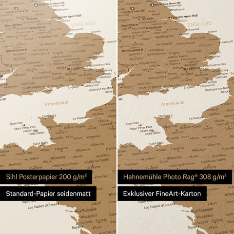 Europakarte Poster in Bronze, erhältlich in den Papiersorten Sihl Posterpapier seidenmatt oder Hahnemühle Photo Rag