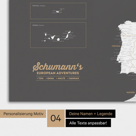 Europakarte als Poster in Dunkelgrau mit Personalisierung als Logo mit Familiennamen und Legende für Orte, die man bereits besucht hat und noch besuchen möchte