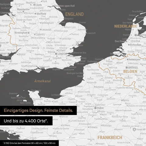 Moderne Europa Landkarte in der Farbe Dunkelgrau als Poster mit einem Ausschnitt von Italien, Kroatien und Griechenland