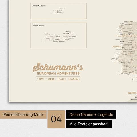 Europakarte als Poster in Gold mit Personalisierung als Logo mit Familiennamen und Legende für Orte, die man bereits besucht hat und noch besuchen möchte