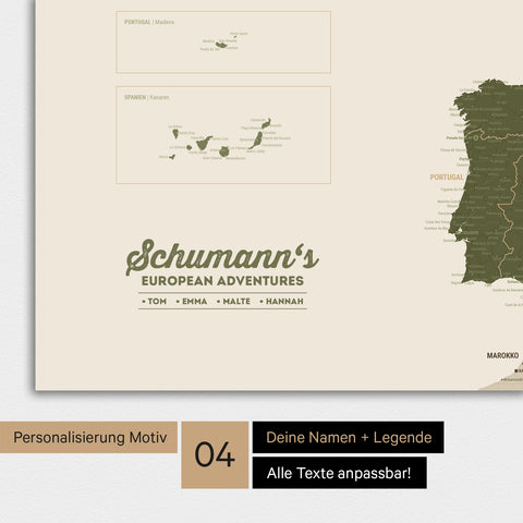 Europakarte als Poster in Grün mit Personalisierung als Logo mit Familiennamen und Legende für Orte, die man bereits besucht hat und noch besuchen möchte