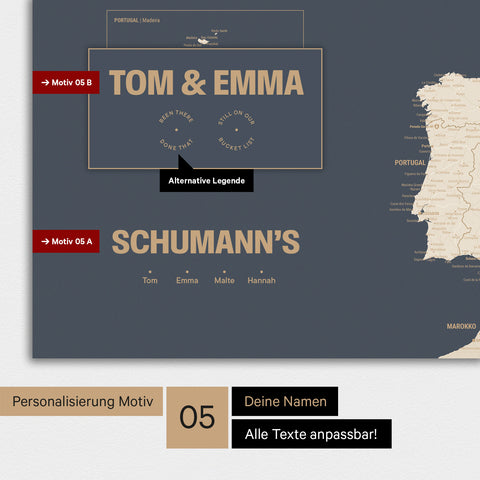 Europa Karte als Poster in Hale Navy (Dunkelblau-Gold) mit Personalisierung als Logo mit einer Weltkugel