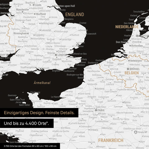 Moderne Europa Landkarte in der Farbe Schwarz-Weiss als Poster mit einem Ausschnitt von Italien, Kroatien und Griechenland