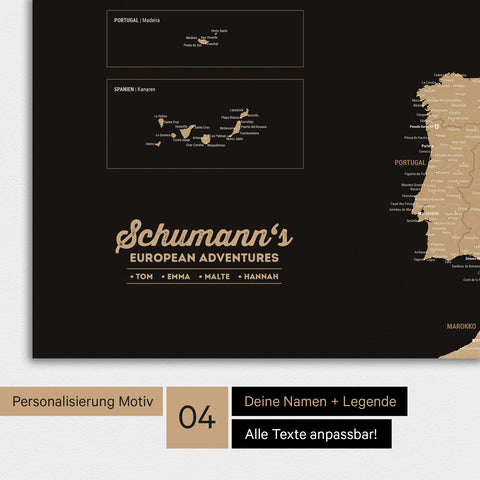 Europakarte als Poster in Sonar Black (Schwarz-Gold) mit Personalisierung als Logo mit Familiennamen und Legende für Orte, die man bereits besucht hat und noch besuchen möchte