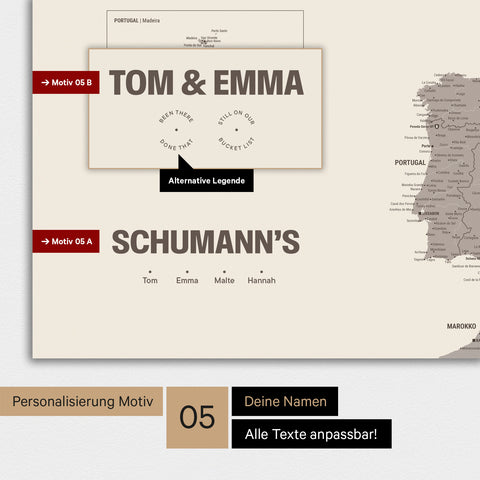 Europa Karte als Poster in Warmgray (Braun-Grau) mit Personalisierung als Logo mit einer Weltkugel