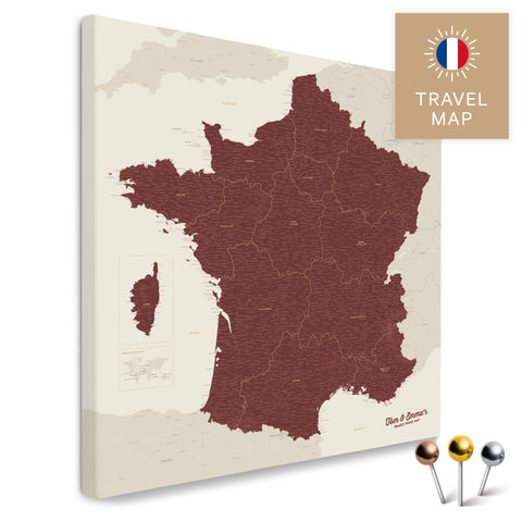 France map in the color Bordeaux red in a modern, minimalist design as a canvas for pinning trips and places