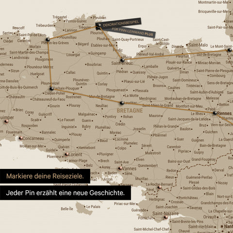 Modern France map in the color Desert Sand as a Push Pin Map shows a section of Brittany, where already visited travel destinations are marked with pins