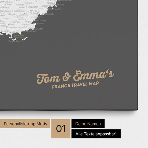Landkarte von Frankreich als Pinnwand Leinwand in Dunkelgrau mit Personalisierung und Namen in einer modernen Schreibschrift