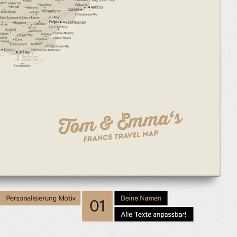 Landkarte von Frankreich als Pinnwand Leinwand in Gold mit Personalisierung und Namen in einer modernen Schreibschrift