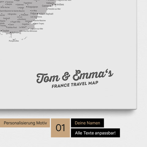 Landkarte von Frankreich als Pinnwand Leinwand in Multicolor Grau mit Personalisierung und Namen in einer modernen Schreibschrift