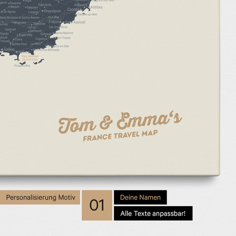 Landkarte von Frankreich als Pinnwand Leinwand in Navy Light mit Personalisierung und Namen in einer modernen Schreibschrift