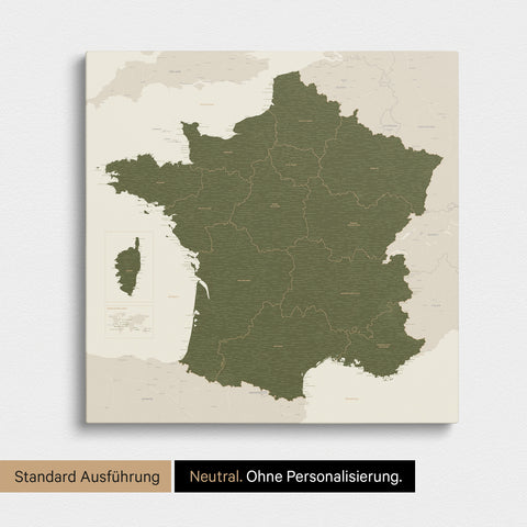 Neutrale Standard Ausführung der detaillierten Frankreich-Karte als Pinnwand Leinwand in Grün ohne Personalisierung