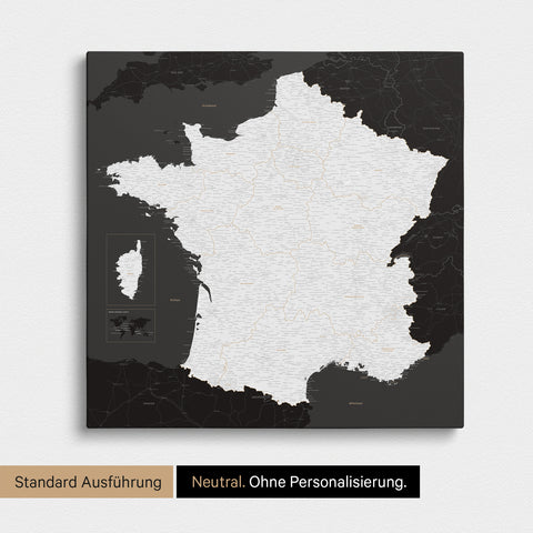 Neutrale Standard Ausführung der detaillierten Frankreich-Karte als Pinnwand Leinwand in Schwarz-Weiß ohne Personalisierung