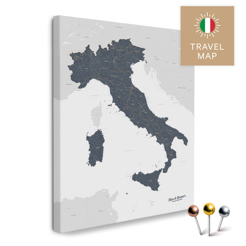 Italy map in the color Denim Blue in a modern, minimalist design as a canvas for pinning trips and places