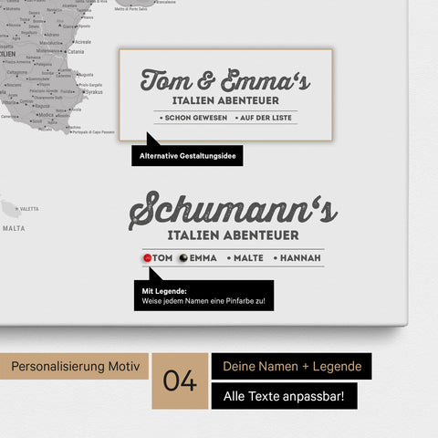 Italy map as canvas in light gray with personalization as logo with family name and legend for places already visited and still want to visit