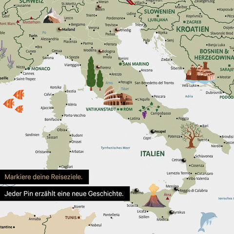 Section of a children's Europe map as a Push Pin Map in White color showing pins of travel destinations in Italy with illustrations of the Colosseum and Tuscany