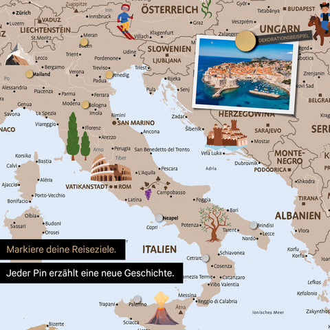 Section of a children's Europe map as a magnetic board in brown color showing pins of travel destinations in Italy