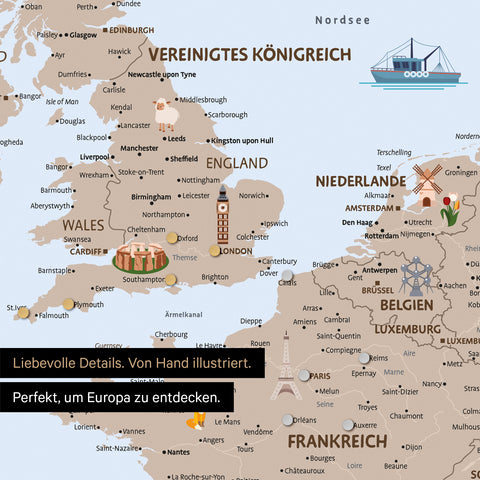 Section of a magnetic children's Europe map as a magnetic board in brown color showing pins of travel destinations in France and England