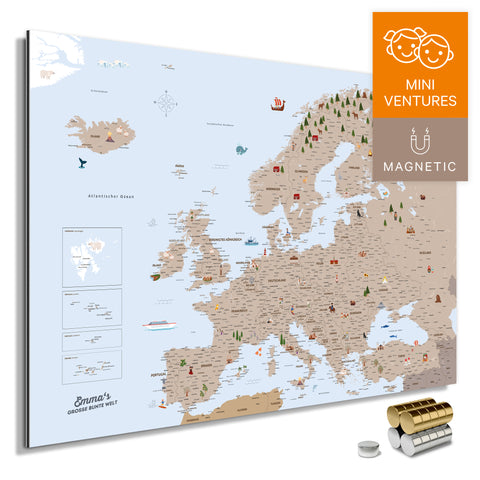 Colorful Europe map for children in brown with charming illustrations and pictures, available as a magnetic board for pinning and marking, buy now
