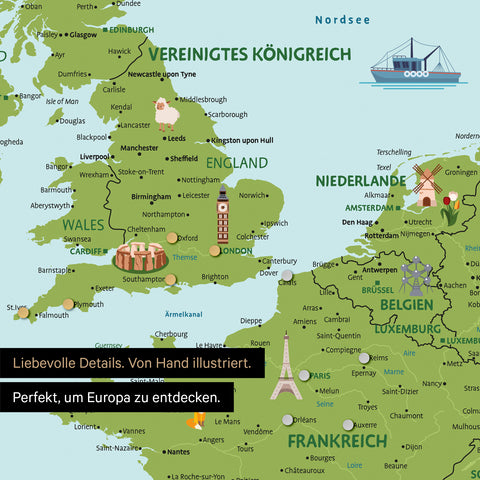 Section of a magnetic children's map of Europe as a magnet board in Classic color showing pins of travel destinations in France and England