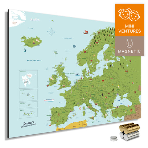 Colorful classic European map for children with charming illustrations and pictures, available as a magnetic board for pinning and marking, buy now