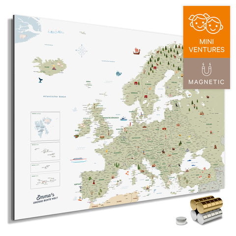 Colorful Europe map for children in White with loving illustrations and pictures, available as a magnetic board for pinning and marking, buy now