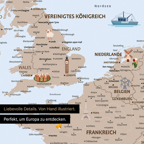 Section of a children's Europe map as a poster in brown color showing pins in travel destinations in France and England