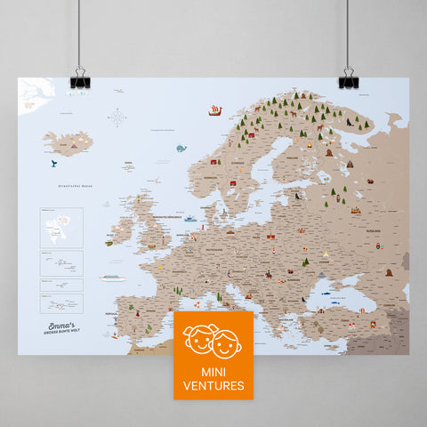 Colorful Europe map for children in brown with charming illustrations and pictures, available as a poster for pinning and marking