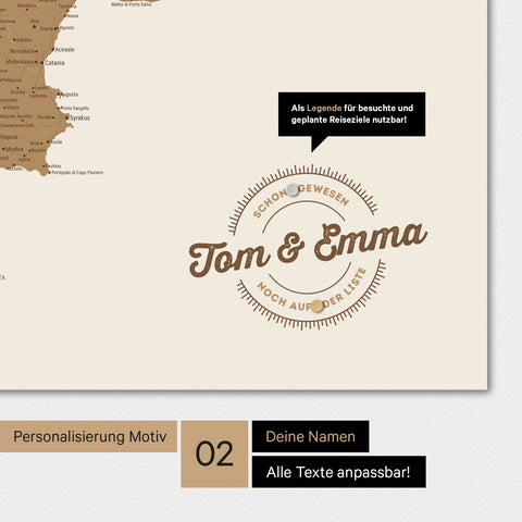 Alternatives rundes Motiv für eine Personalisierung mit deinem Namen auf einer Italien-Karte als Magnet-Poster