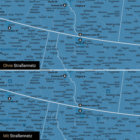 Nordamerika Karte Pinn-Leinwand in Blau optional mit dem Straßennetz der größten Highways und Interstates