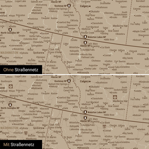 Nordamerika Karte Poster wahlweise mit dem Straßennetz der wichtigsten Highways und Interstates