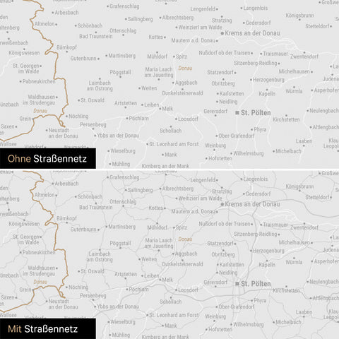 Österreich-Karte Leinwand in Dunkelgrau wahlweise mit oder ohne Straßennetz