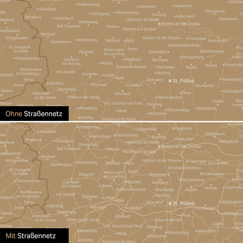 Österreich-Karte Leinwand in Sonar Black (Schwarz Gold) wahlweise mit oder ohne Straßennetz